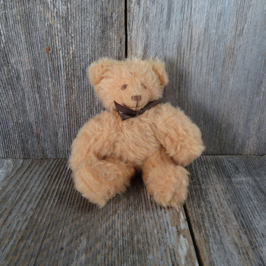 Vintage Jointed Teddy Bear Plush Handmade Stitched Face Fuzzy Furry Shaggy Mini Beige Red Stuffed Animal Kendra Lee