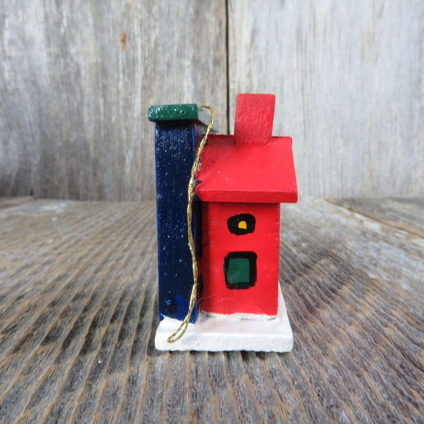 Vintage House Wood Ornament Red Blue Painted Wooden Christmas