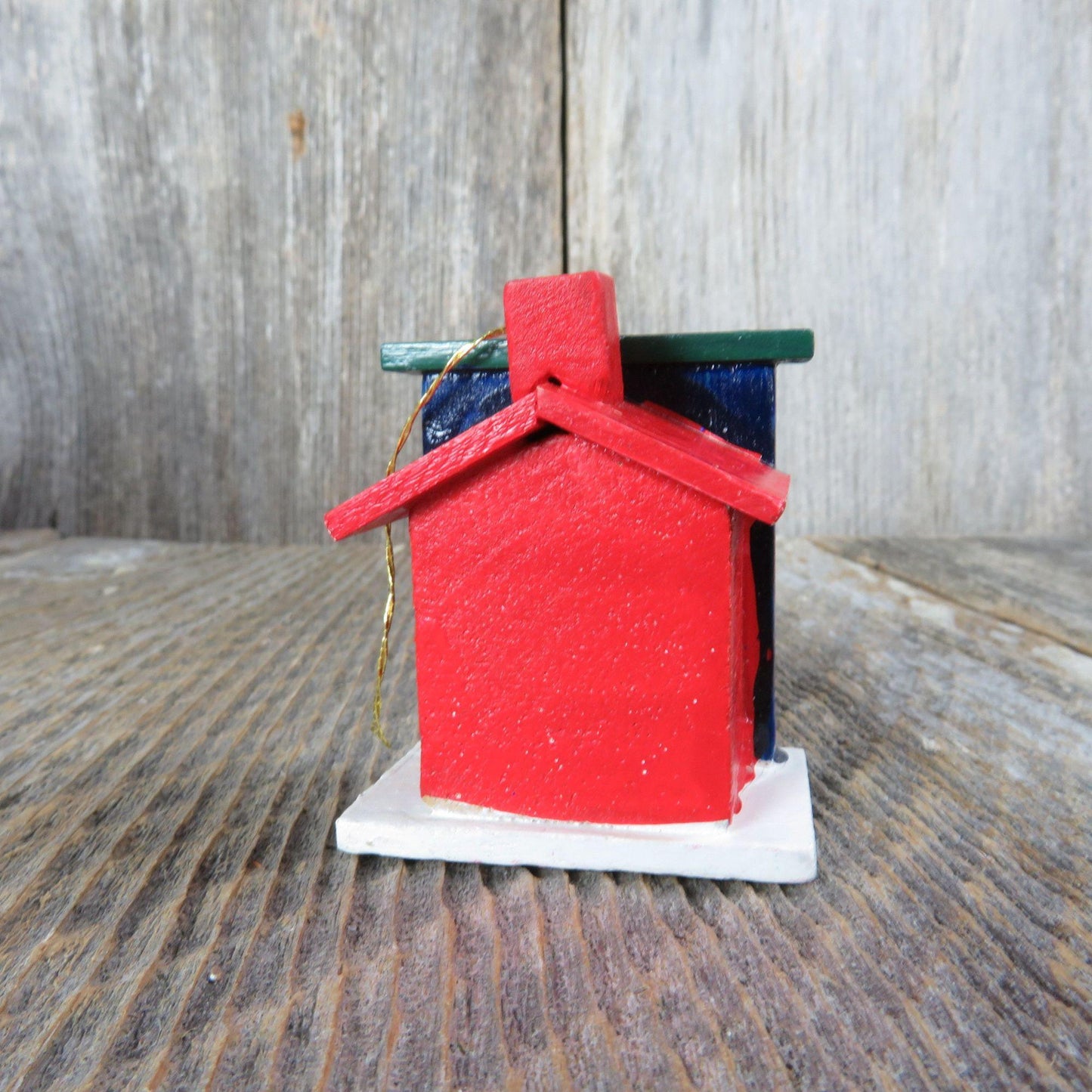 Vintage House Wood Ornament Red Blue Painted Wooden Christmas