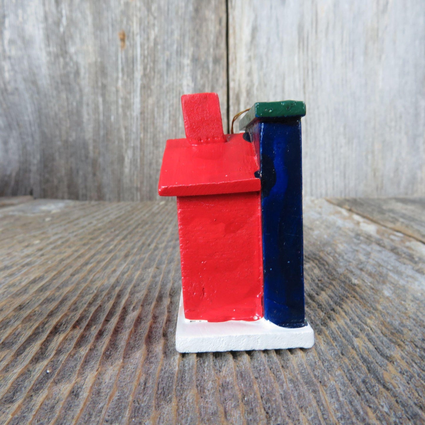 Vintage House Wood Ornament Red Blue Painted Wooden Christmas