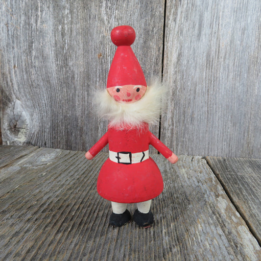 Vintage Wooden Santa Figurine Christmas Elf Gnome Real Fur Beard Red Wood Hat