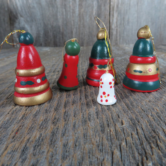 Vintage Bell Shaped Wood Ornament Lot Red Green Tree Shaped Wooden Christmas Mini Lot B