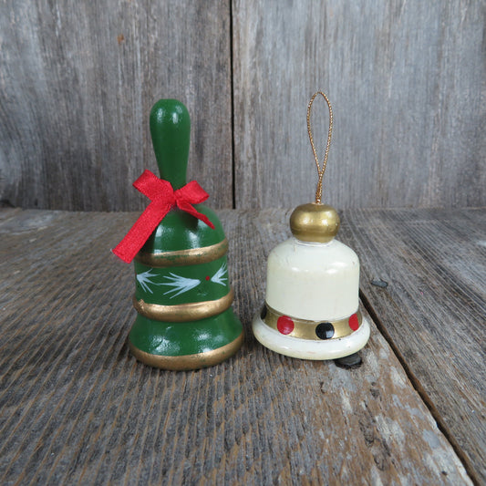 Vintage Hand Bell Wood Ornament Set Green Bell Shaped Wooden Christmas