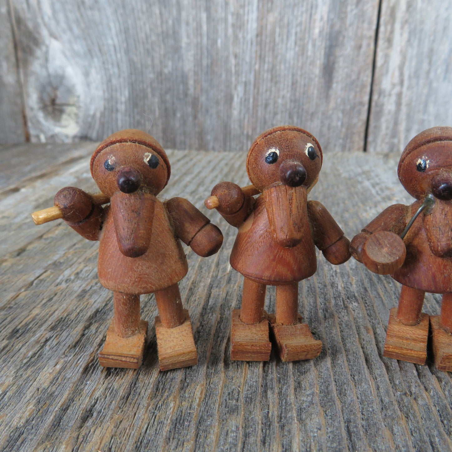 Vintage Wooden Gnome Elf Figurine Set of 4 Pipe Pail Ax Walking Stick Natural Wood Color Fairy Village Figures Miniature