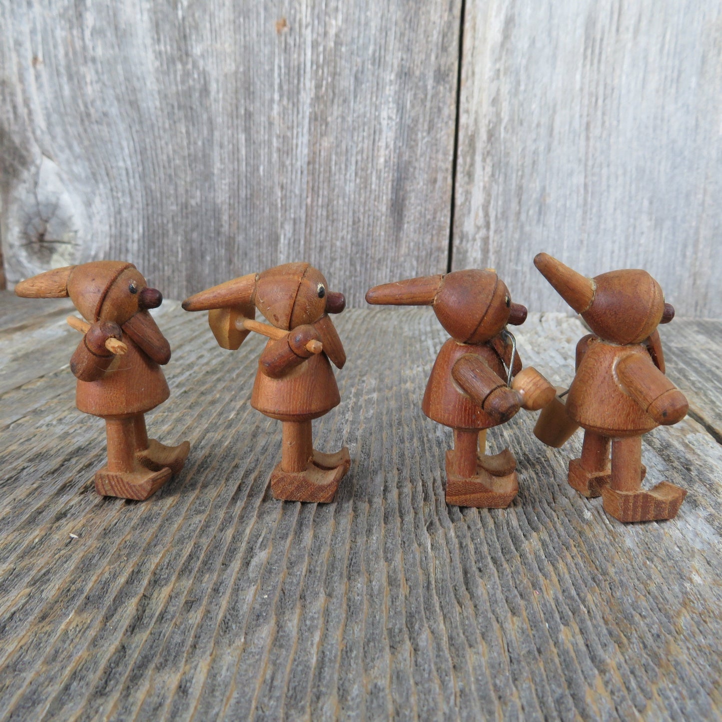 Vintage Wooden Gnome Elf Figurine Set of 4 Pipe Pail Ax Walking Stick Natural Wood Color Fairy Village Figures Miniature