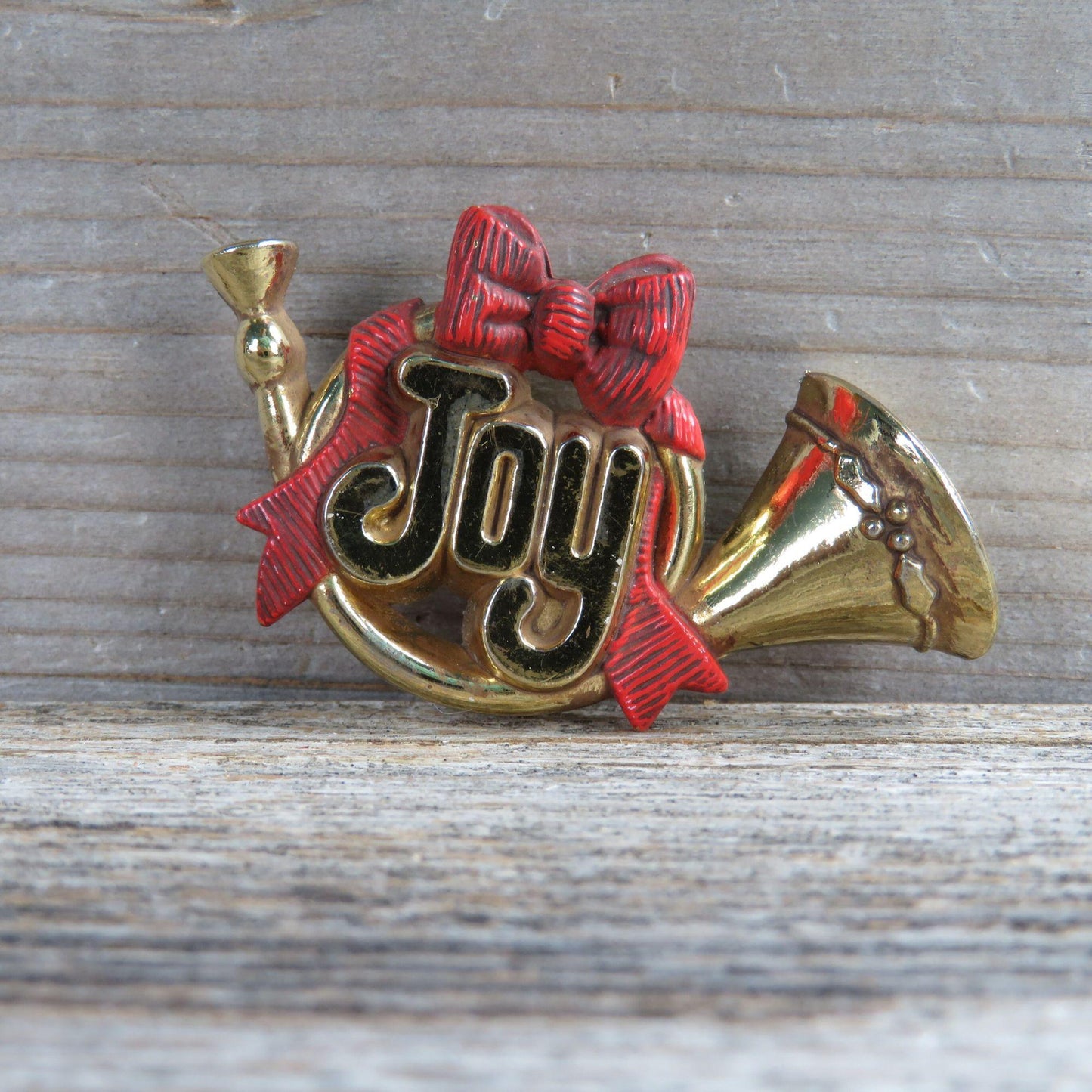 Vintage Joy Christmas Pin Brooch Hallmark French Horn Bow Holiday 1983