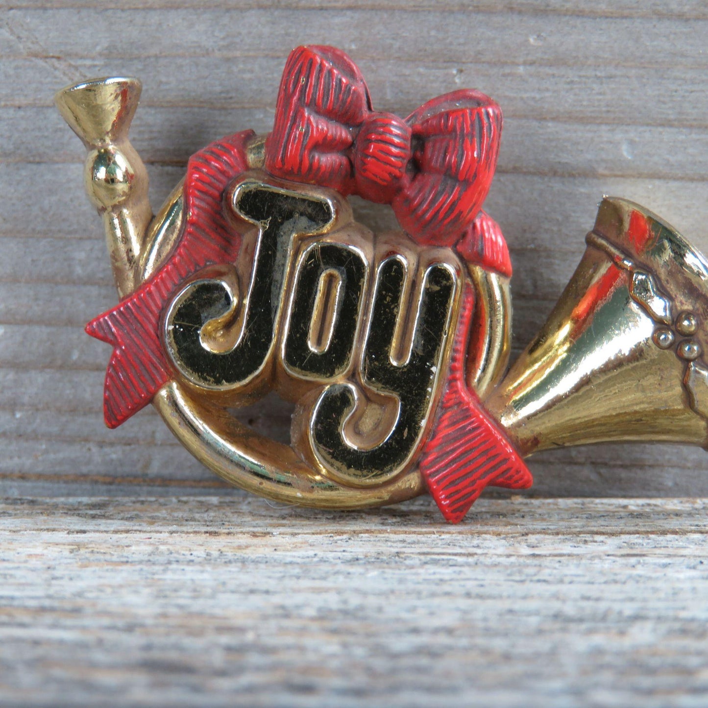 Vintage Joy Christmas Pin Brooch Hallmark French Horn Bow Holiday 1983