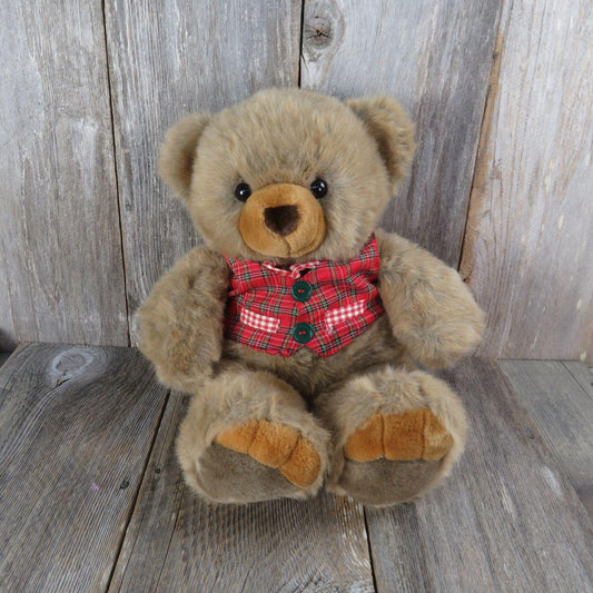 Vintage Teddy Bear in Red Plaid Vest and Tie Plush JC Penney Christmas Stuffed Animal Toy Doll Soft