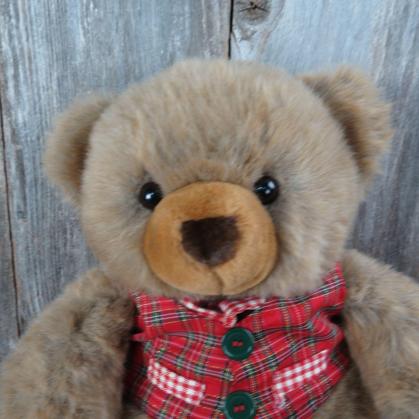 Vintage Teddy Bear in Red Plaid Vest and Tie Plush JC Penney Christmas Stuffed Animal Toy Doll Soft