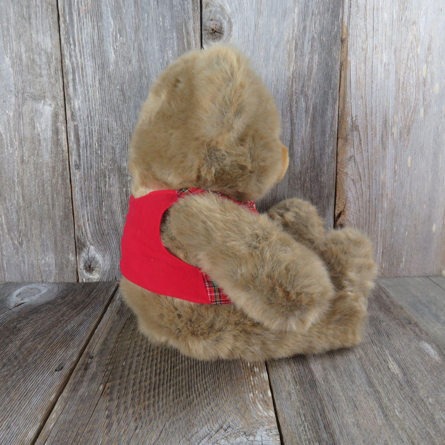 Vintage Teddy Bear in Red Plaid Vest and Tie Plush JC Penney Christmas Stuffed Animal Toy Doll Soft