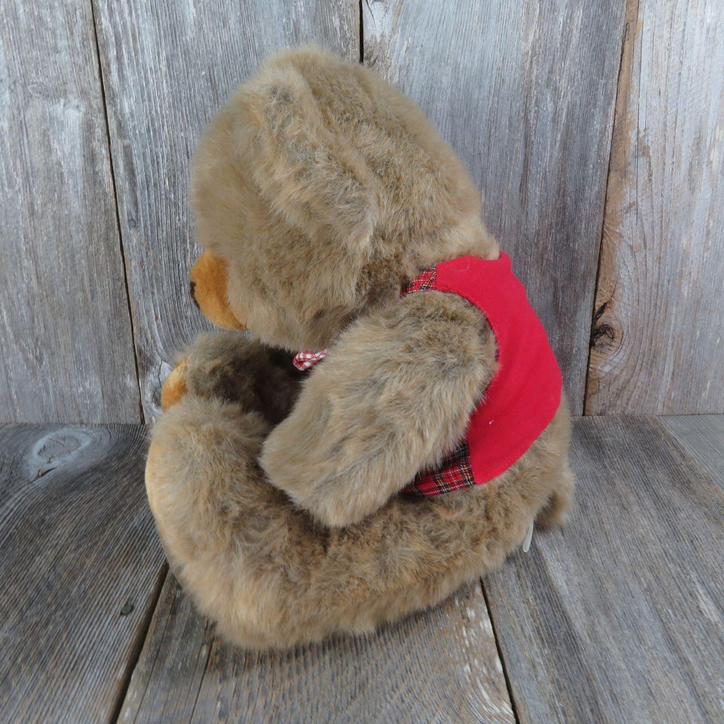 Vintage Teddy Bear in Red Plaid Vest and Tie Plush JC Penney Christmas Stuffed Animal Toy Doll Soft