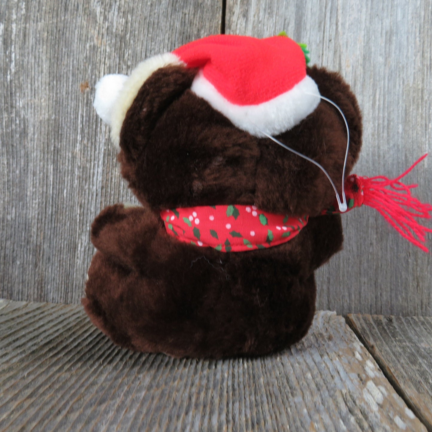 Vintage Teddy Bear Plush Red Santa Hat and Scarf Small Dark Brown Holly Stuffed Animal Commonwealth Christmas