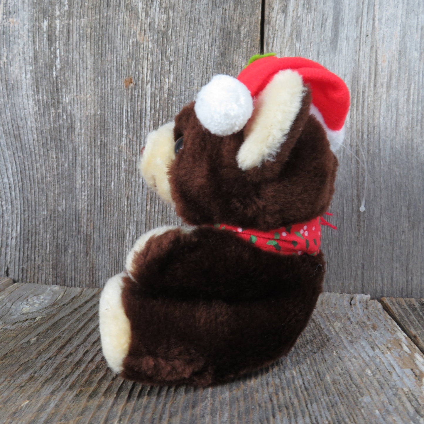 Vintage Teddy Bear Plush Red Santa Hat and Scarf Small Dark Brown Holly Stuffed Animal Commonwealth Christmas