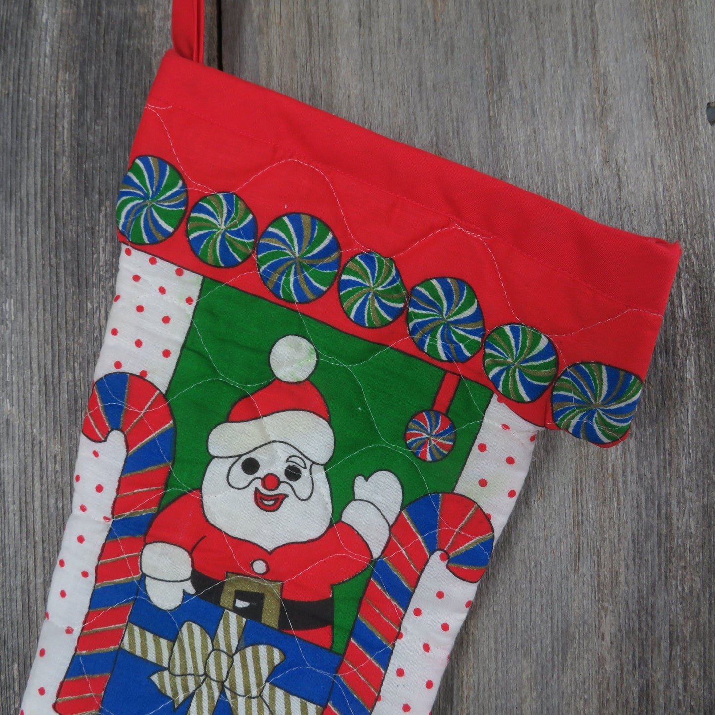 Vintage Santa in Candy Train Stocking Handmade Quilted Christmas Peppermint Print Pocket