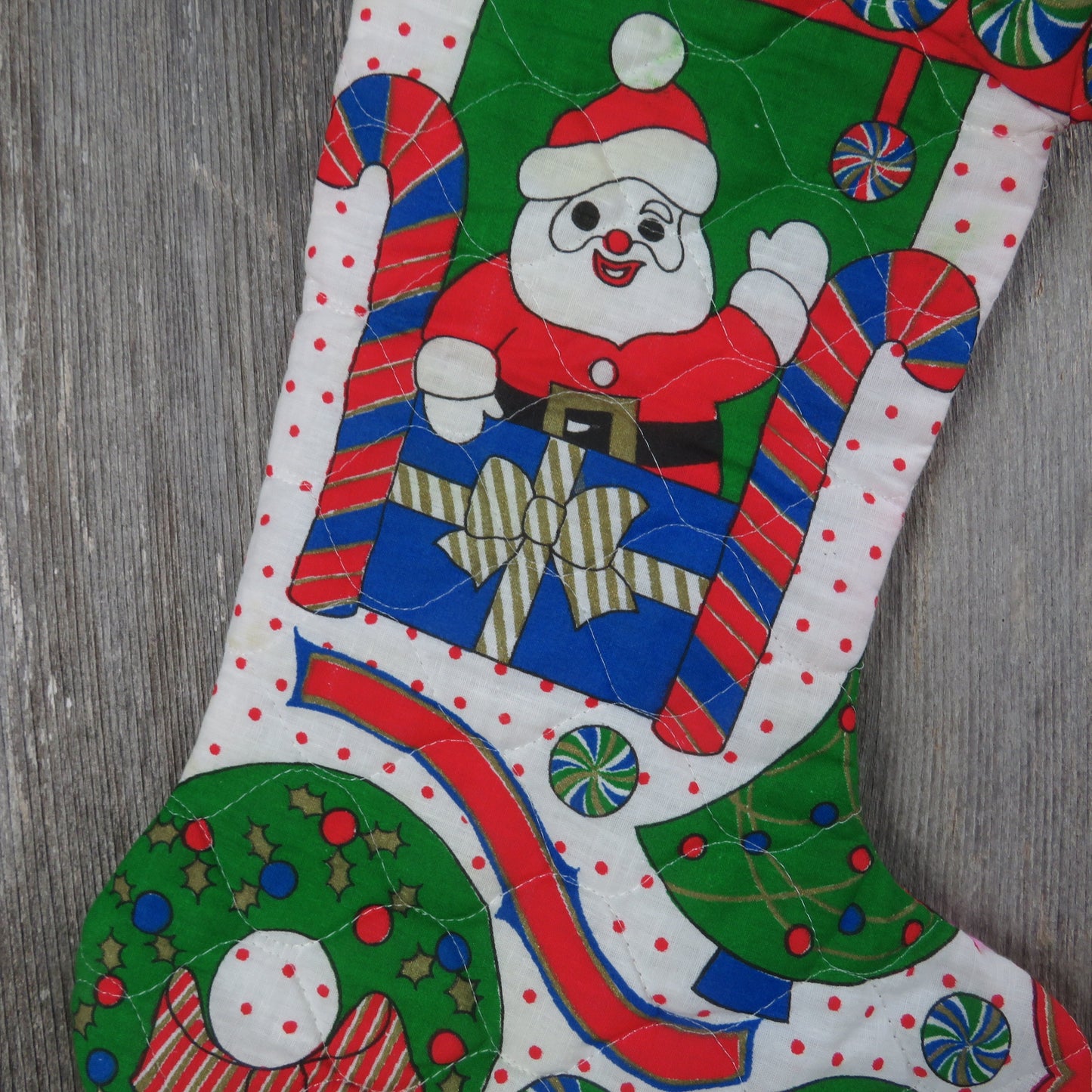 Vintage Santa in Candy Train Stocking Handmade Quilted Christmas Peppermint Print Pocket