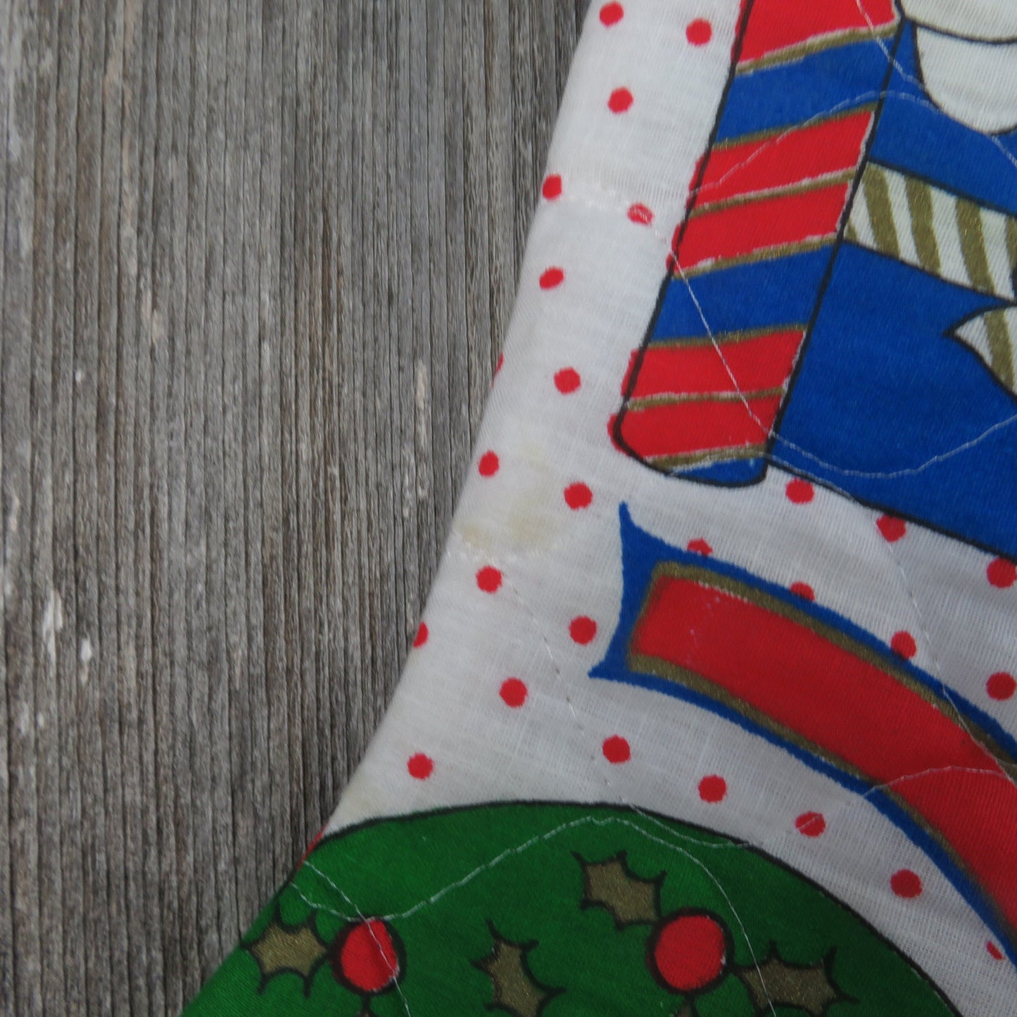 Vintage Santa in Candy Train Stocking Handmade Quilted Christmas Peppermint Print Pocket