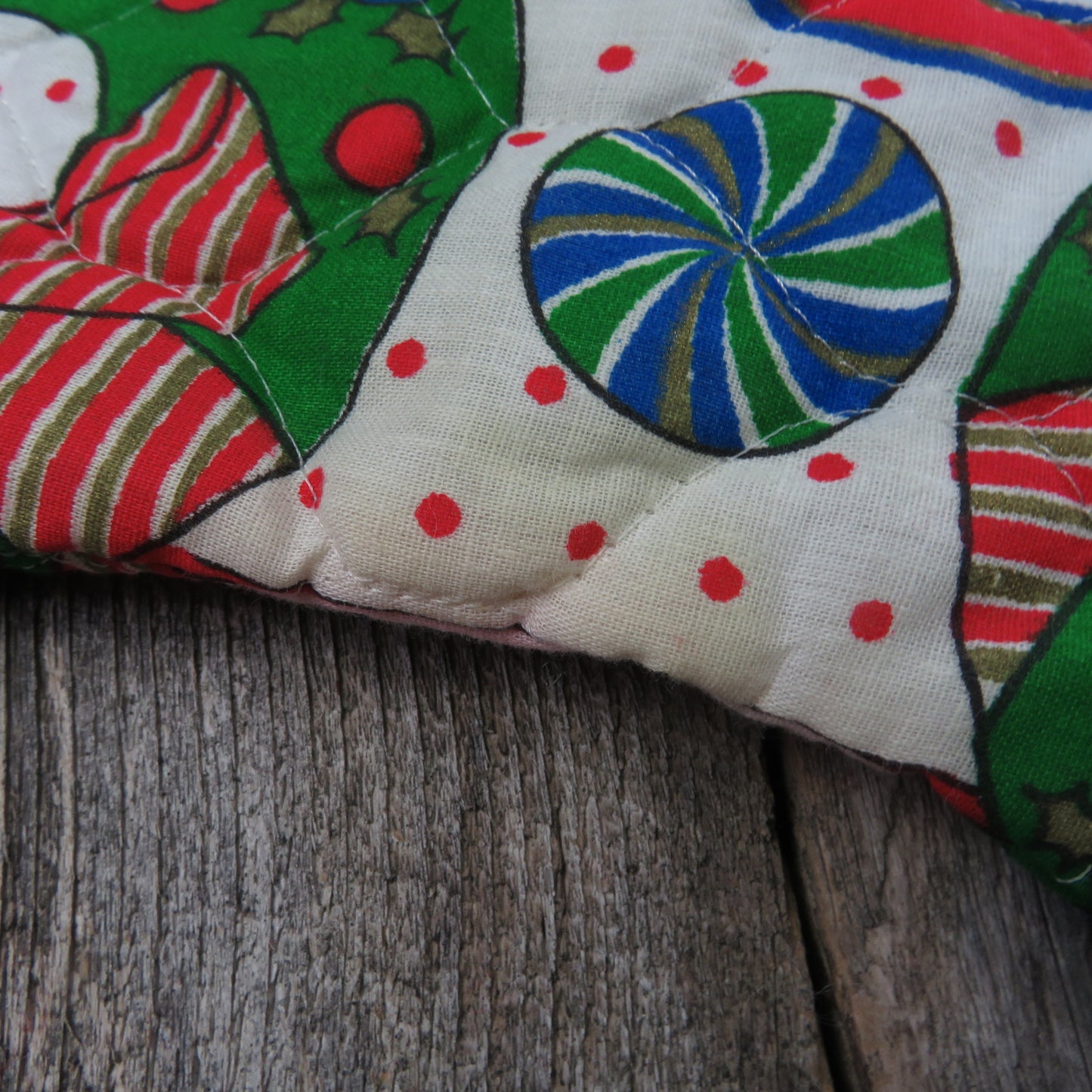 Vintage Santa in Candy Train Stocking Handmade Quilted Christmas Peppermint Print Pocket