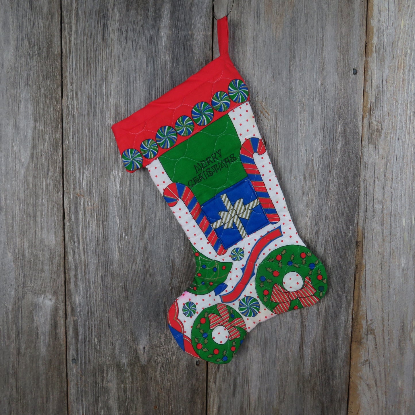 Vintage Santa in Candy Train Stocking Handmade Quilted Christmas Peppermint Print Pocket