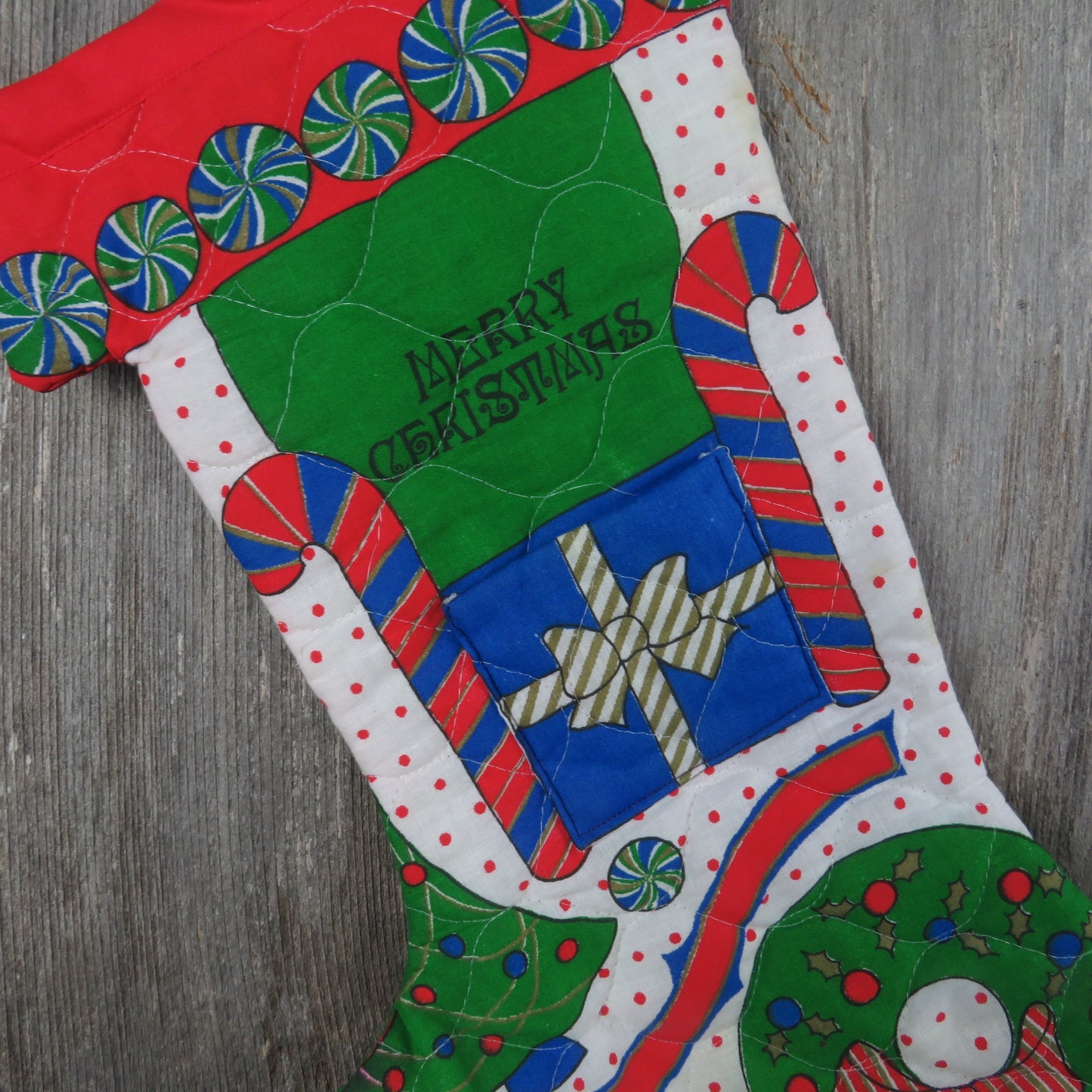 Vintage Santa in Candy Train Stocking Handmade Quilted Christmas Peppermint Print Pocket