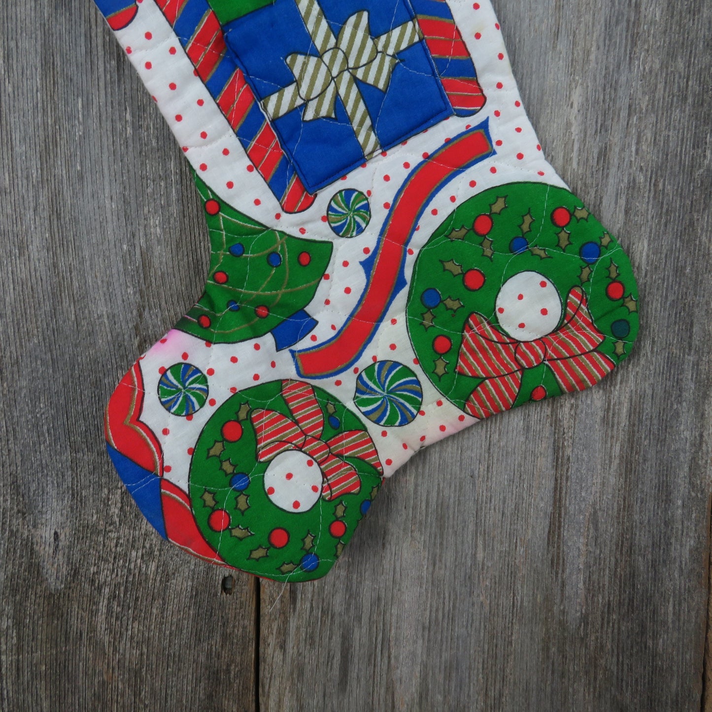 Vintage Santa in Candy Train Stocking Handmade Quilted Christmas Peppermint Print Pocket